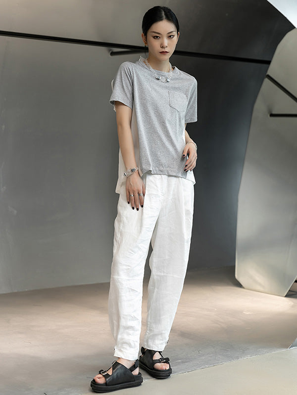 Original Split-Joint Round-Neck High-Low Buttoned T-Shirt