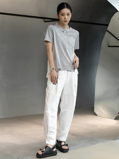 Original Split-Joint Round-Neck High-Low Buttoned T-Shirt