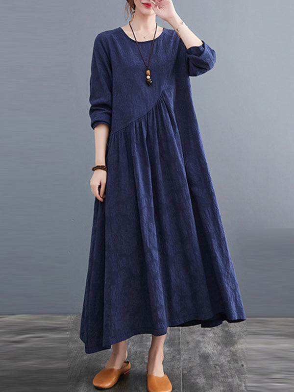 Casual Simple Solid Color Pleated Round-Neck Long Sleeves Midi Dress