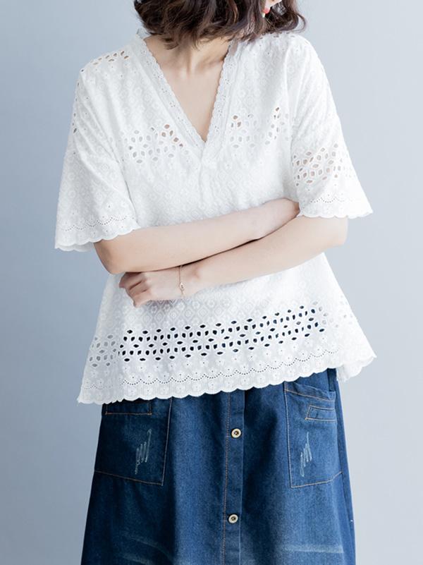 Casual Hollow out V-neck T-shirt