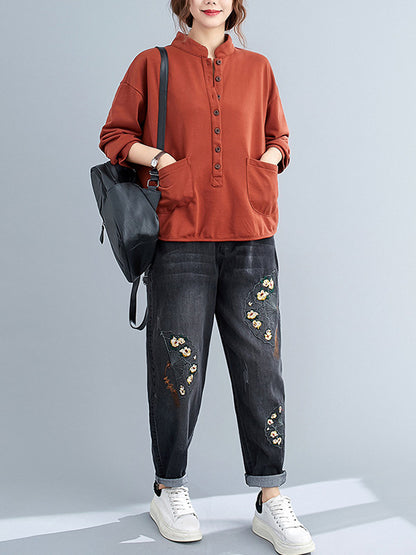 Casual Solid Color Buttoned Split-Joint With Pocket Stand Collar Long Sleeves Sweatshirts
