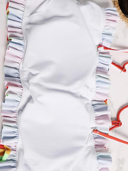 Striped Top Smocked Bikini Set
