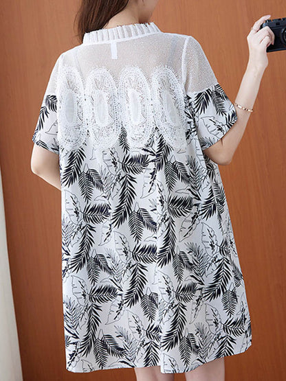 Stylish Linen Printed Split-Joint Round-Neck Lace Short Sleeves Mini Dress