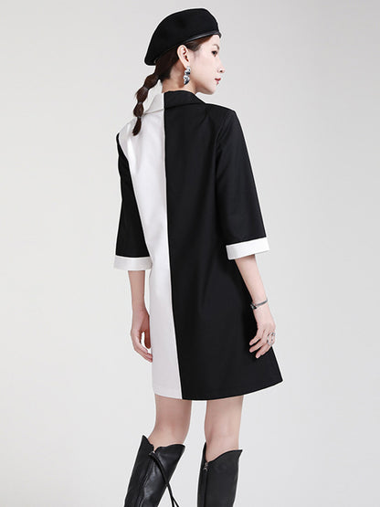 Original Stylish Split-Joint Contrast Color Bow-Embellished Tied A-Line Notched Collar Blazer Dress