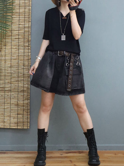 Simple Solid Color V-Neck Short Sleeves T-Shirt Tops