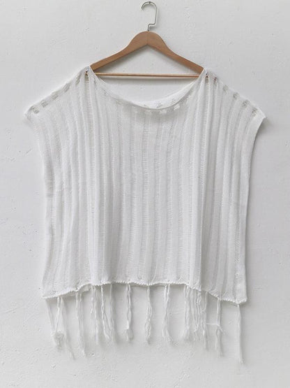 Loose Off-the-Shoulder Knitted Tasseled Beach Cover-Up