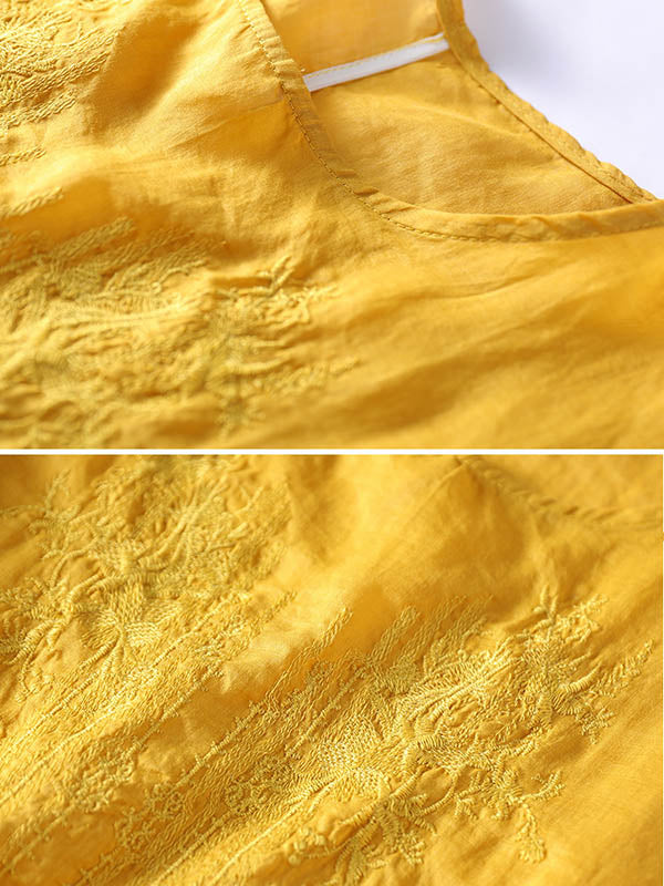 Ramie Cotton Embroidered Round-Neck T-Shirts Tops