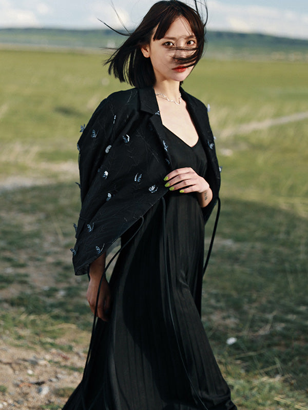 Stylish Mesh Butterfly Embroidered Notched Collar Long Sleeves Outwear