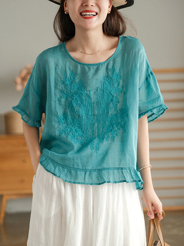 Ramie Cotton Embroidered Round-Neck T-Shirts Tops