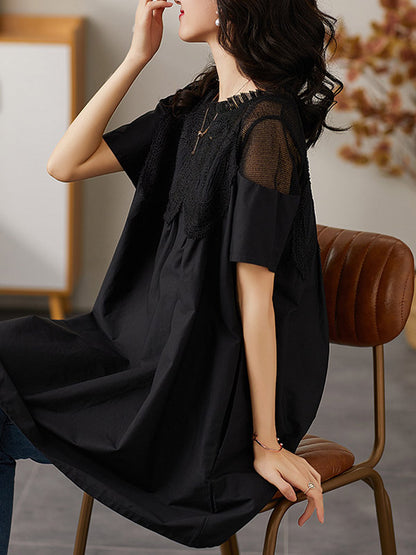 Simple Loose Solid Color Split-Joint Embroidered Hollow Lace Pleated Round-Neck Short Sleeves T-Shirt