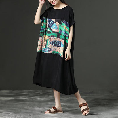 Black Printing Loose O-Neck Casual Dress