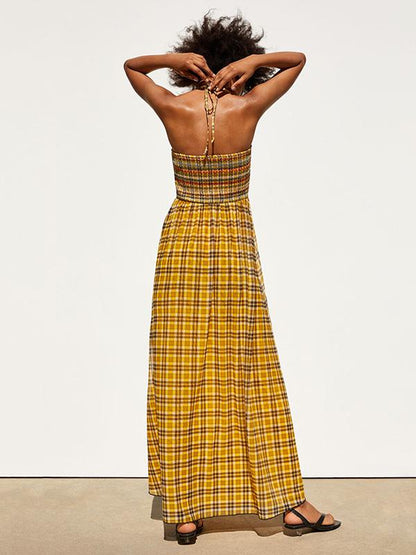 Plaid Empire Halter-neck Maxi Dress