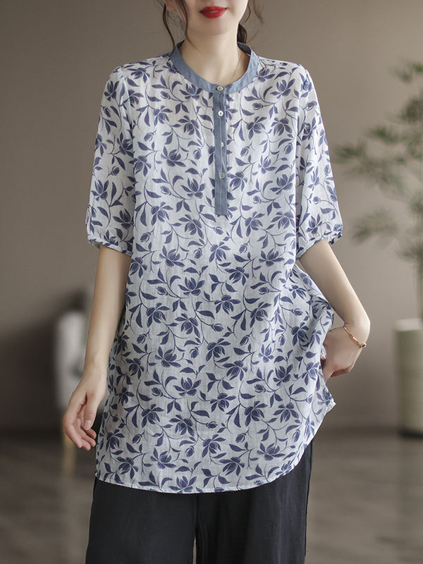 Simple Half Sleeves Ramie Floral Printed Thin T-Shirt