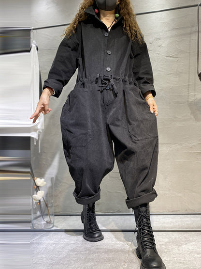 Fashion Long Sleeves Lapel Solid Color Jumpsuits