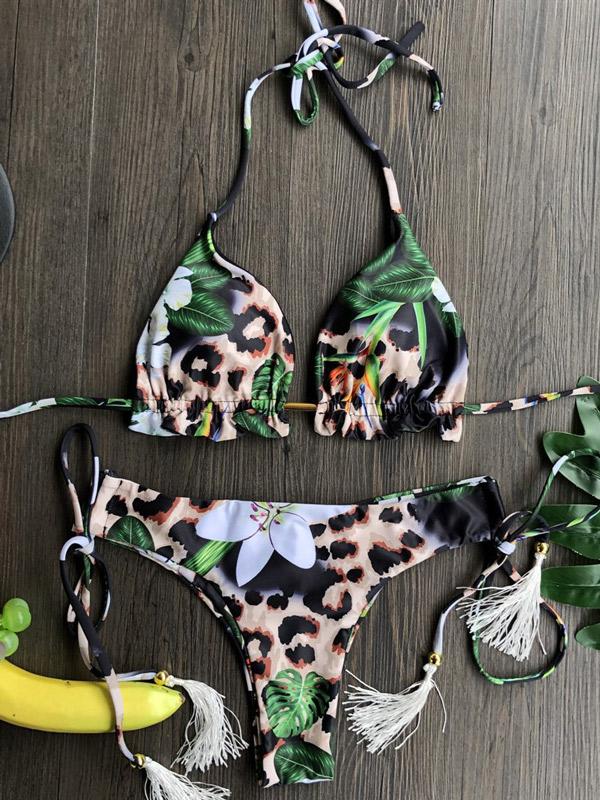 Retro Printed Bandage Split Bikini Swimsuit