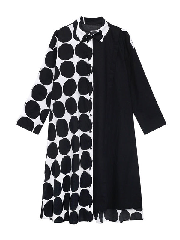 Stylish Irregular Polka-Dot Spit-Joint Buttoned Lapel Collar Long Sleeves Midi Shirt Dress