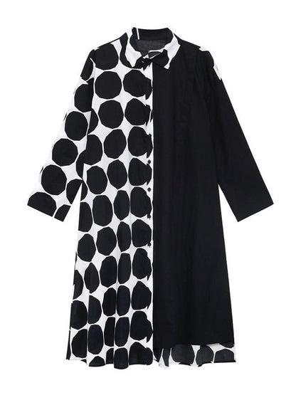 Stylish Irregular Polka-Dot Spit-Joint Buttoned Lapel Collar Long Sleeves Midi Shirt Dress