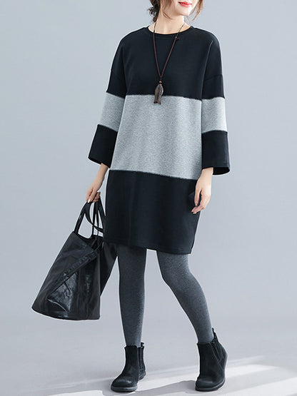 Casual Loose Split-Joint Round-Neck Long Sleeves Mini Dress