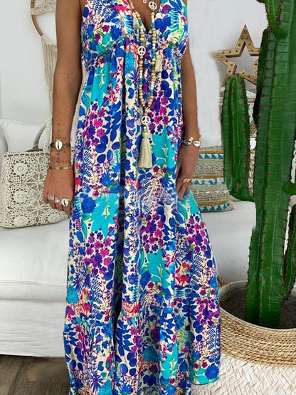 Beach V-neck Printed Spaghetti-neck Maxi Dress