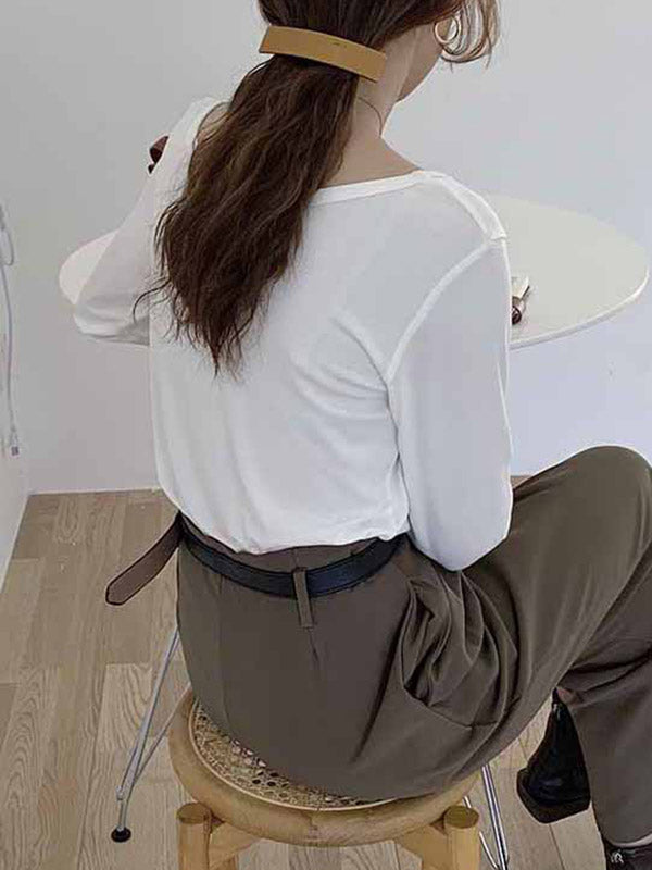 Casual Solid Color Long Sleeves Round-Neck T-Shirt Tops