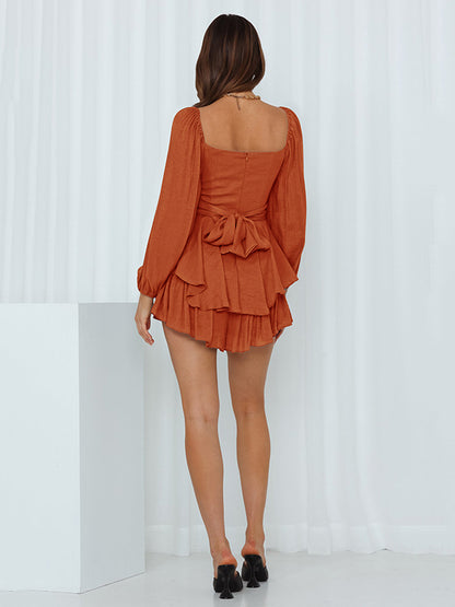 Fashion Solid Color Puff Sleeves Falbala Culotte Rompers