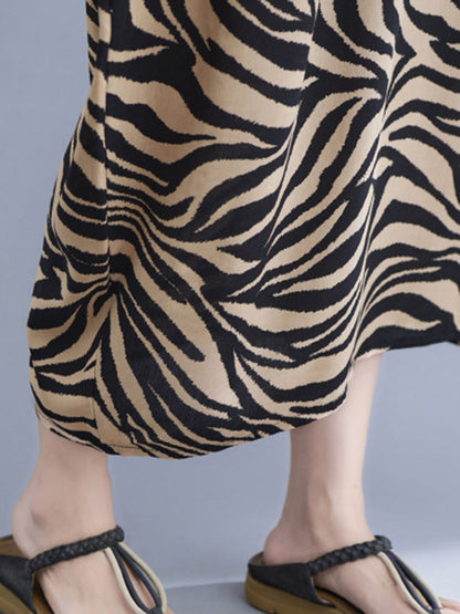 Original Zebra-Stripe Round-Neck Batwing Sleeve Midi Dress