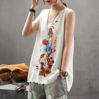 Casual Print Linen Loose Sleeveless Top