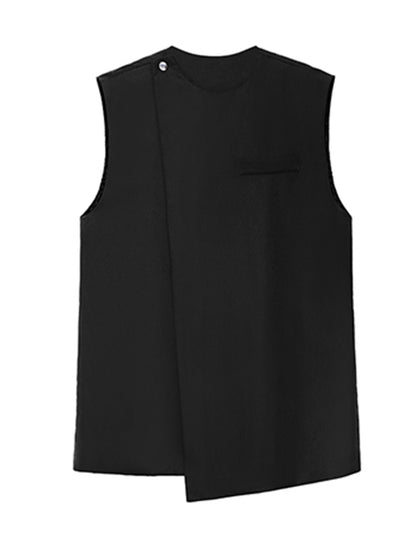 Urban Irregular Solid Color Buttoned Round-Neck Sleeveless Vest Outwear