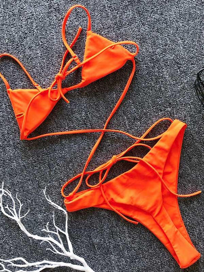 Triangle Top Neon Lace Up Bikini Set