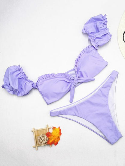 Solid Pleated Bow Bikini Swimwear