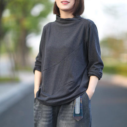 Buykud Long Sleeve Half Turtleneck Striped Blouse