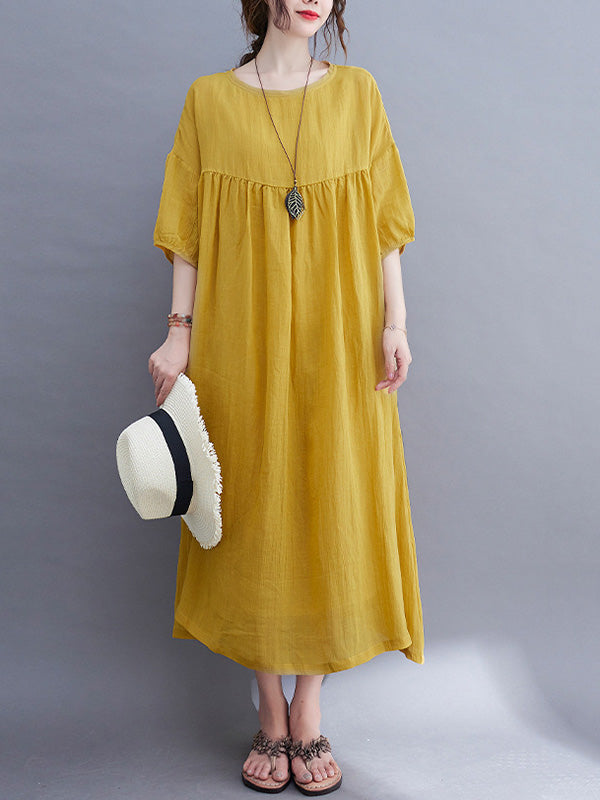 Simple Solid Color Puff Sleeve Midi Dress