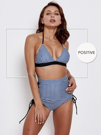 Blue Plaid Halter-neck Bikinis Swimwear