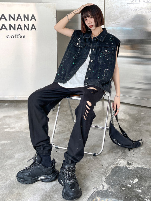 Original Denim Split-Joint With Pocket Splash Ink Buttoned Lapel Collar Sleeveless Vest Outwear