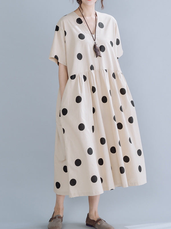 Simple Asymmetric Polka-Dot V-Neck Loose Short Sleeves Midi Dress