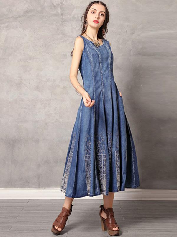 2019 Summer New Vintage Embroidery Denim Dress