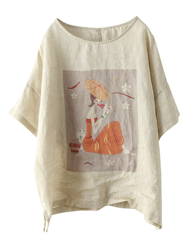 Ramie Cotton Printing Round-Neck T-Shirts Tops