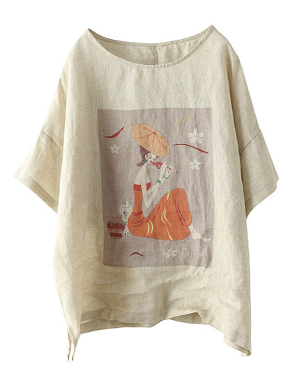 Ramie Cotton Printing Round-Neck T-Shirts Tops