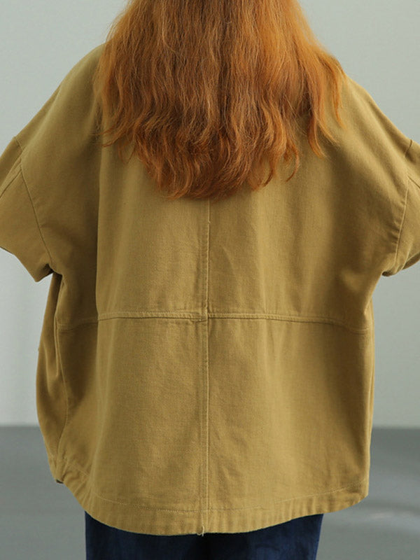 Simple Solid Color Buttoned Notched Collar Batwing Sleeve Outerwear