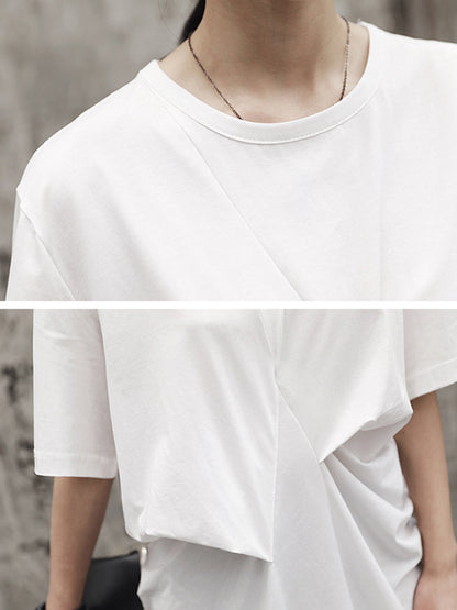 Simple Solid Color Asymmetric Pleated Short Sleeves Round-Neck T-Shirt