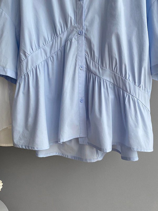 Stylish White&Blue Asymmetric High-Low Half Sleeves Blouses