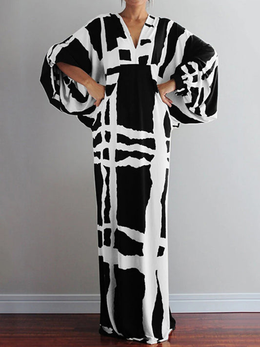 Original Casual Printed Color-Block V-Neck Batwing Sleeves Maxi Dress