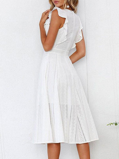 Lace Hollow Fuffled Irregular Midi Dress