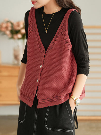 Simple Solid Color Buttoned V-Neck Hollow Vest Tops