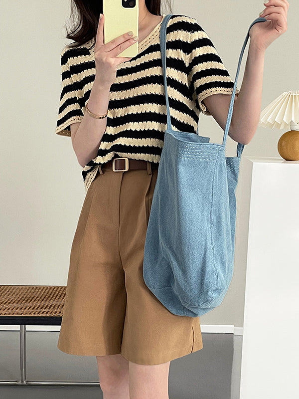 Simple Black White Contrast Color Striped Knitting T-Shirt