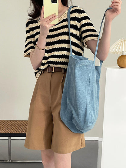 Simple Black White Contrast Color Striped Knitting T-Shirt