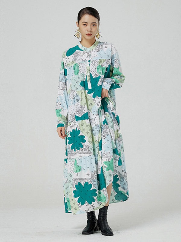 Original Buttoned Printed Stand Collar Long Sleeves Loose Midi Dress