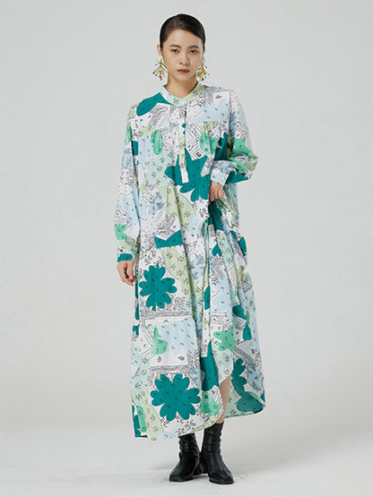 Original Buttoned Printed Stand Collar Long Sleeves Loose Midi Dress