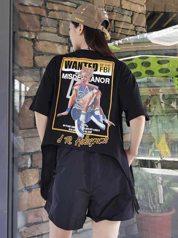 Stylish Letter&Character Print Asymmetric Short T-Shirt