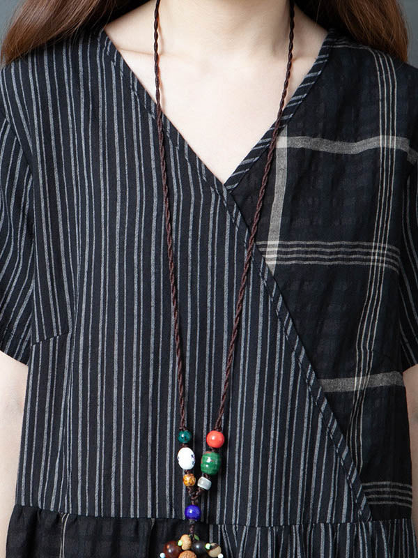 Artistic Retro Loose Split-Joint Striped Plaid V-Neck Short Sleeves Midi Dress
